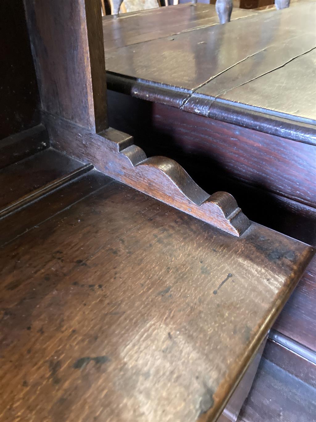 A mid 18th century oak dresser, length 154cm, depth 39cm, height 190cm